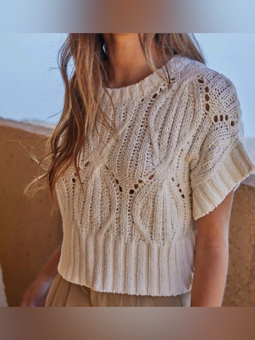 By Together Cali Crochet Top Cream Knit Boho Short-Sleeve Sweater Size Small